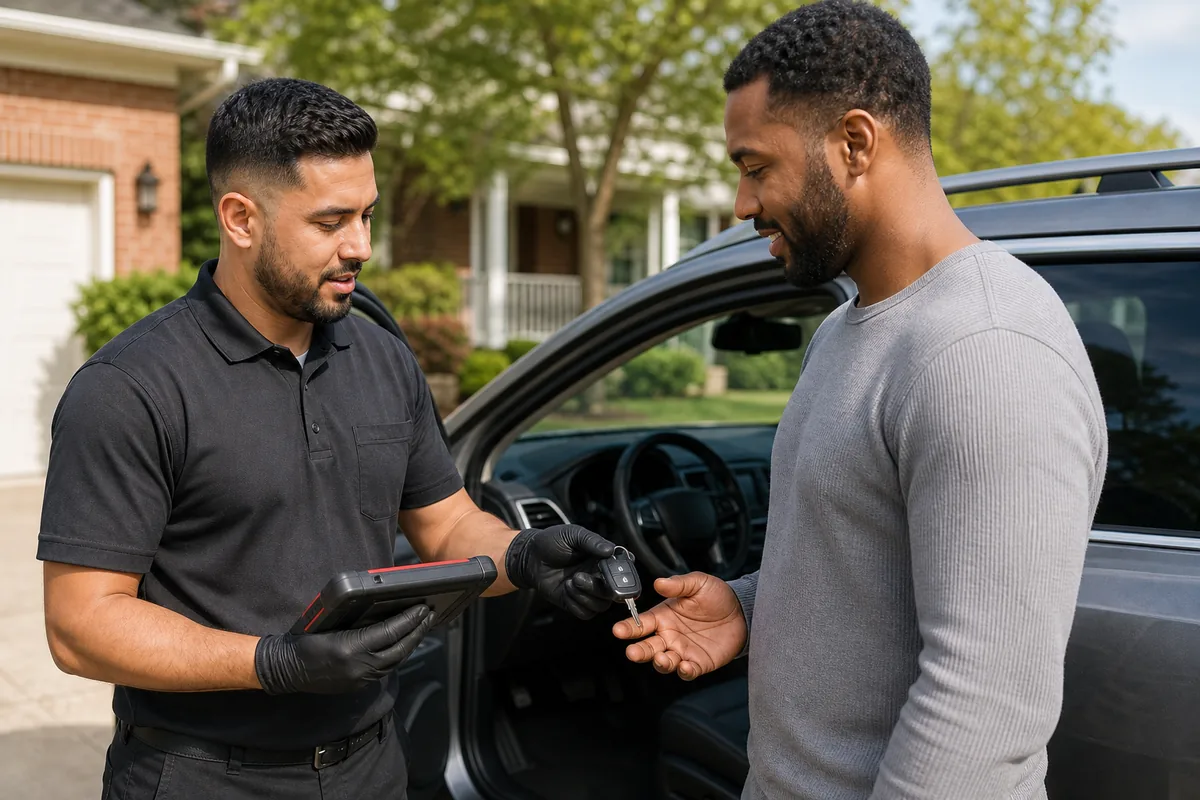 Car Locksmith Landover technician explaining replacement key service to a customer