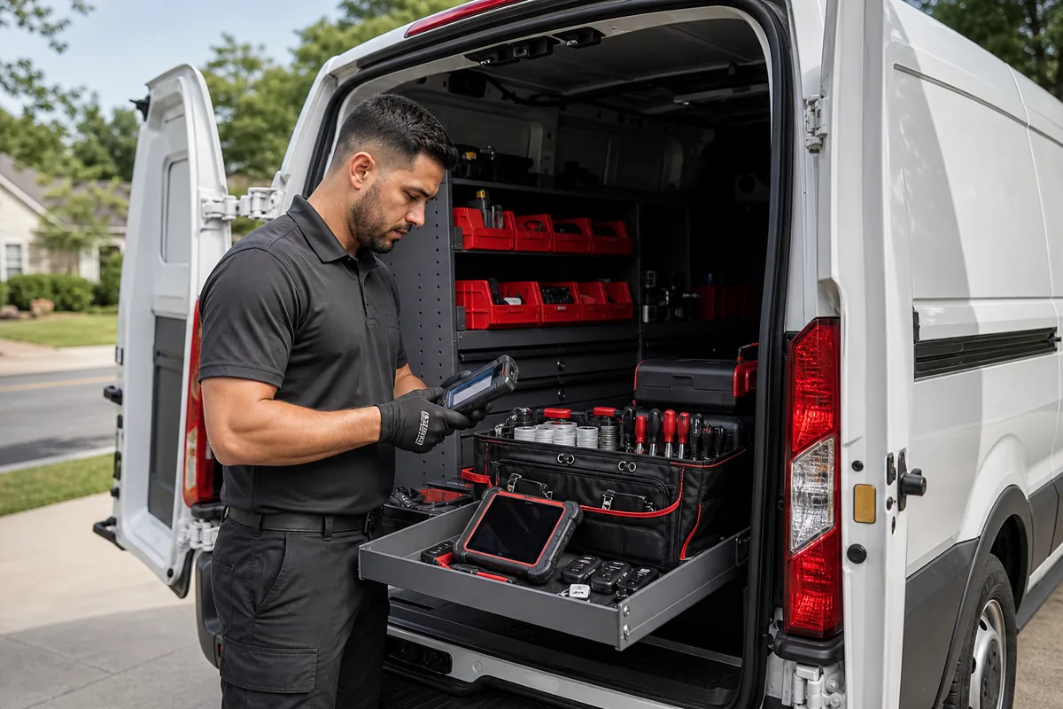 Car Locksmith Landover technician preparing mobile key tools in a service van