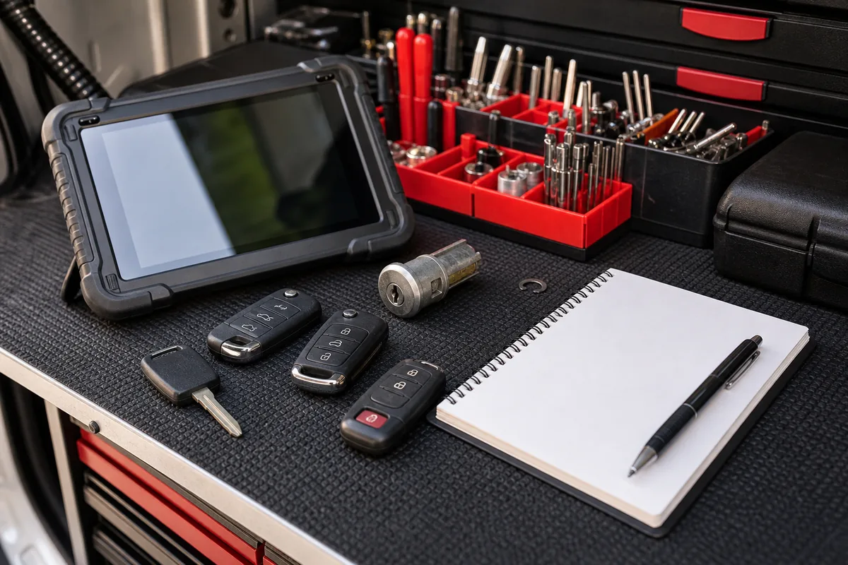 Locksmith tips workbench with key fobs and diagnostic tablet in Landover