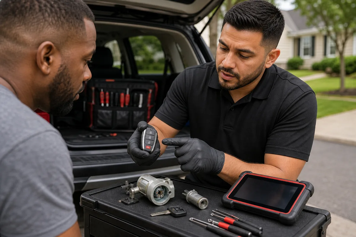 Locksmith technician explaining key fob and lock hardware questions in Landover