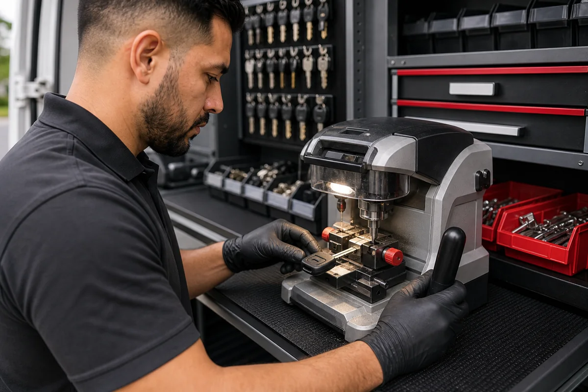 Mobile locksmith cutting a replacement car key inside a service van