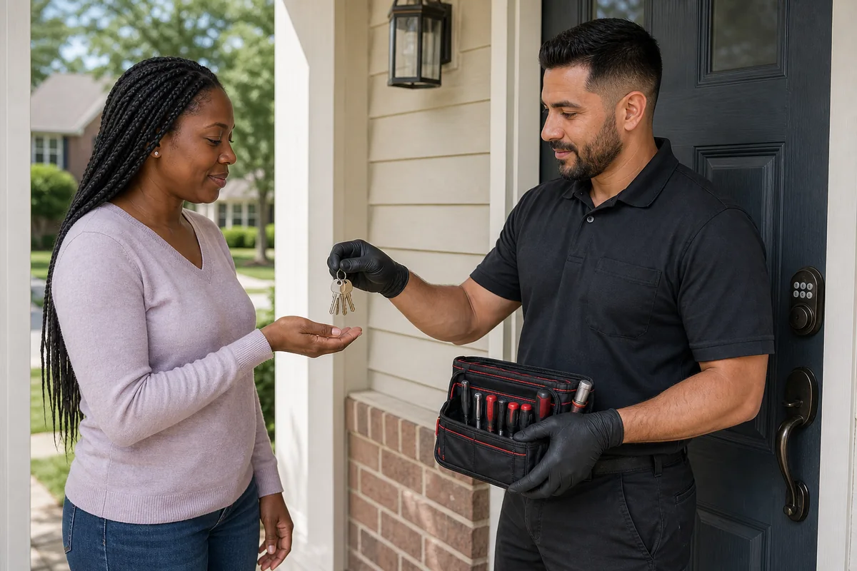 Homeowner receiving fresh keys after residential rekey service in Landover