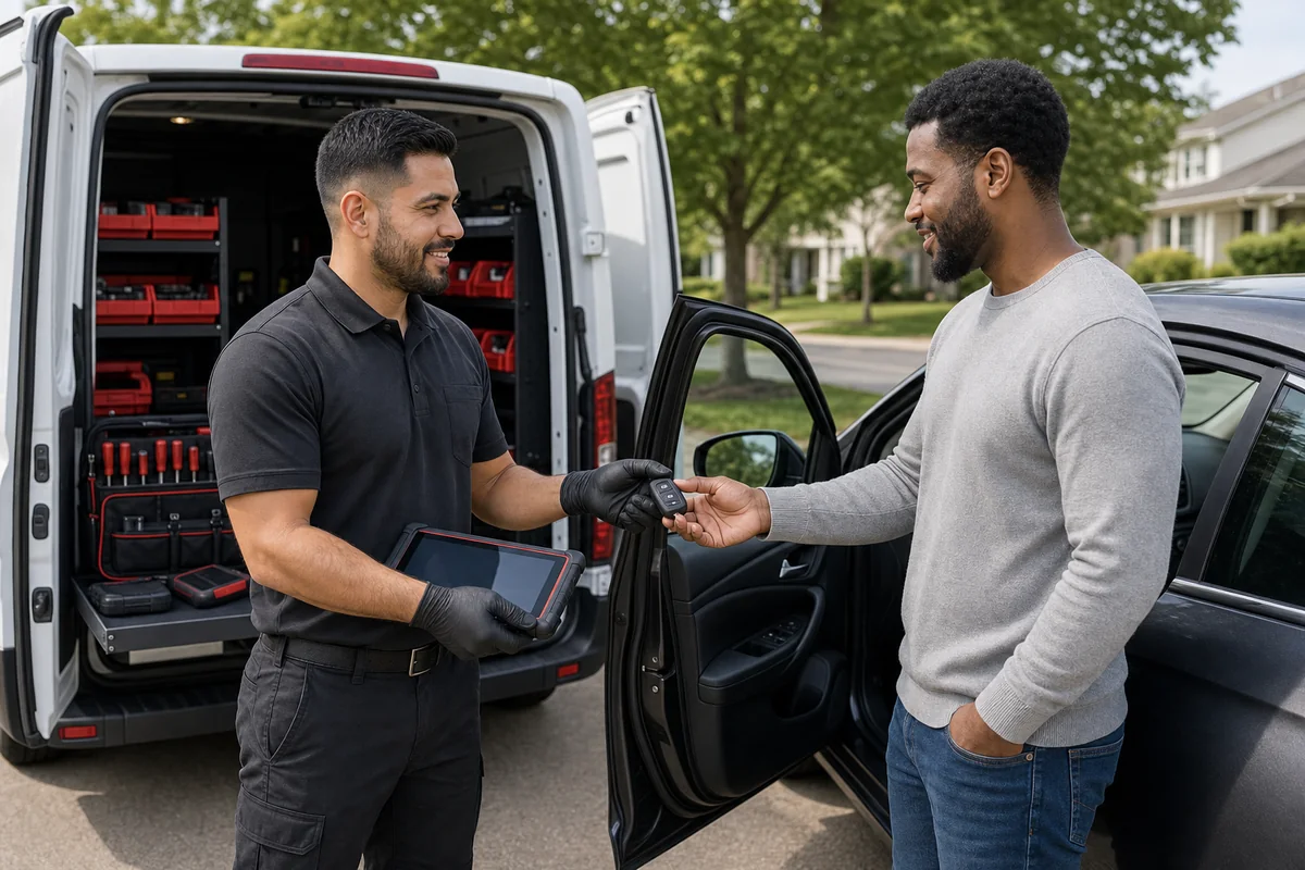 Car Locksmith Landover technician handing a programmed key fob to a customer