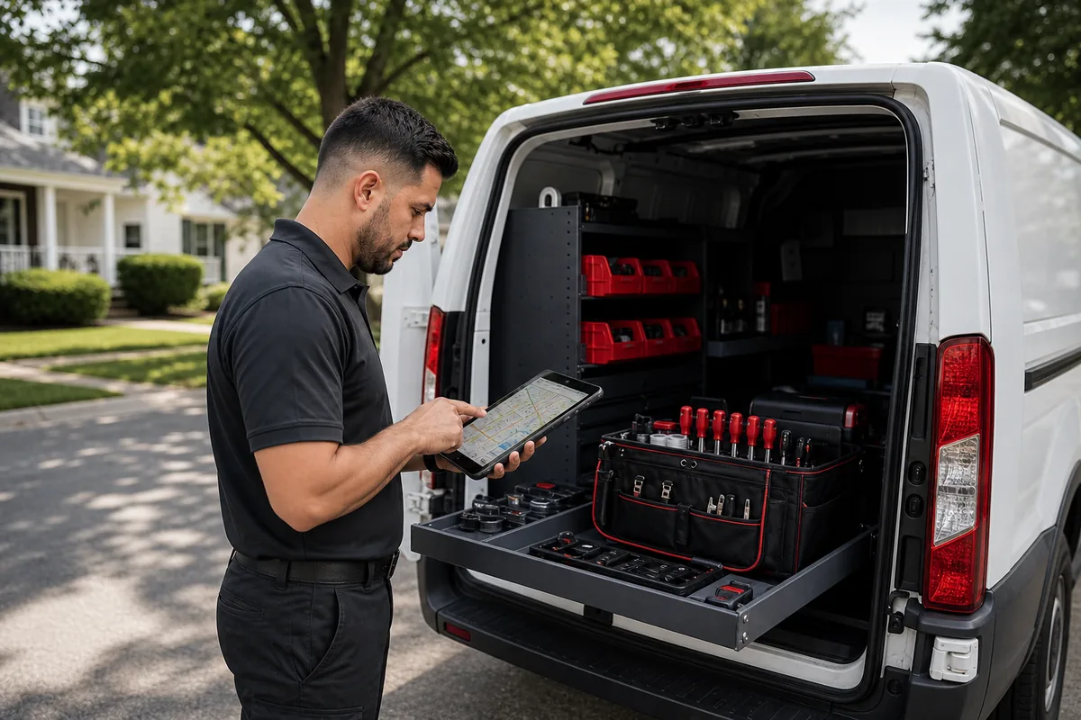 Mobile locksmith technician reviewing Landover service area route beside a van