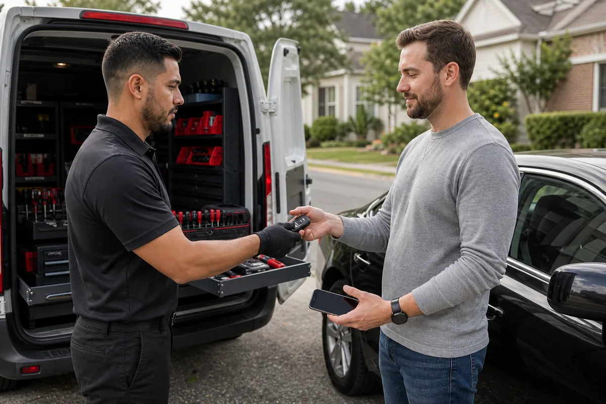 Landover locksmith service confirmation with technician returning a car key
